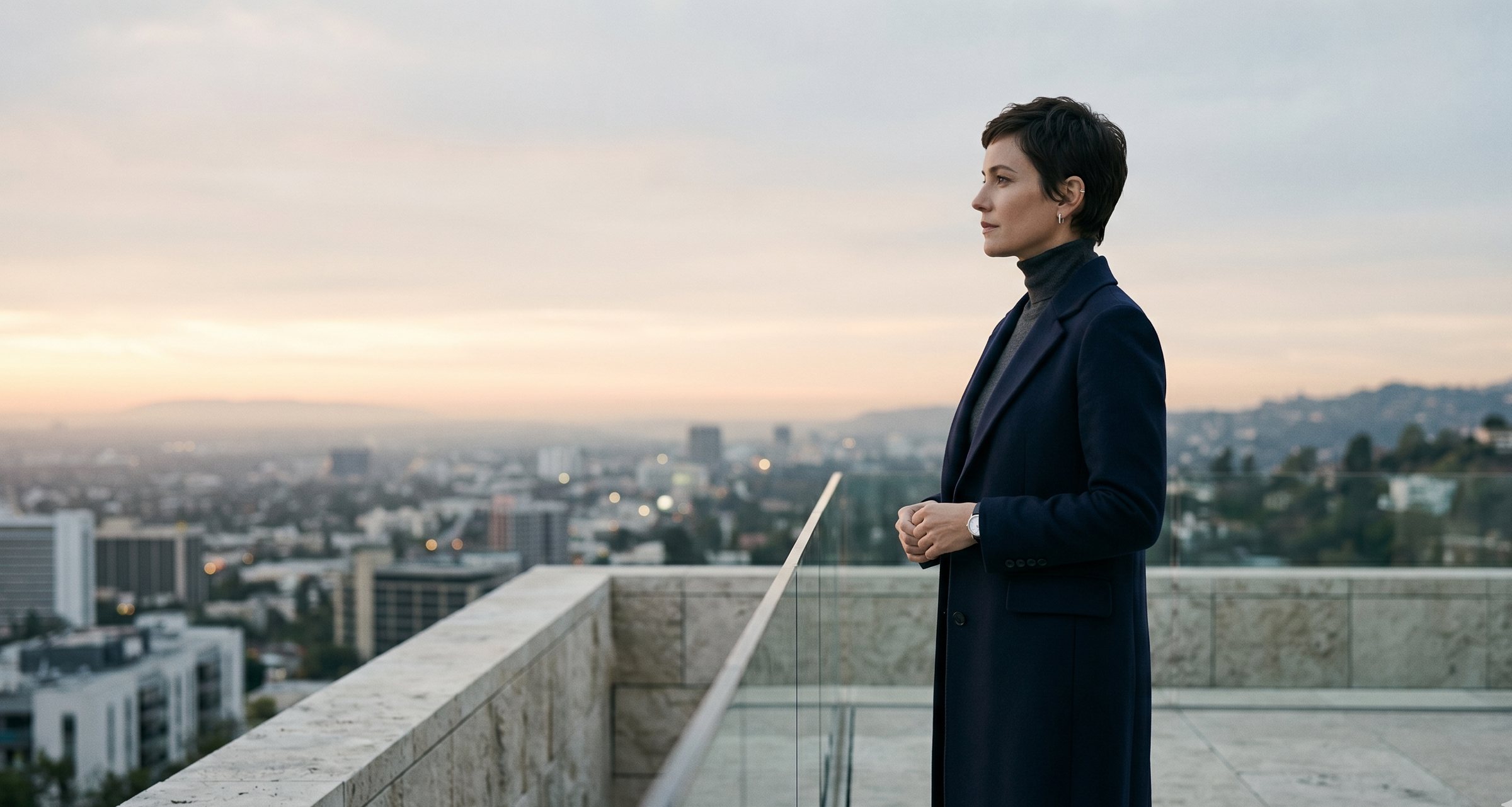A real estate investor on a rooftop terrace overlooking the city at dusk