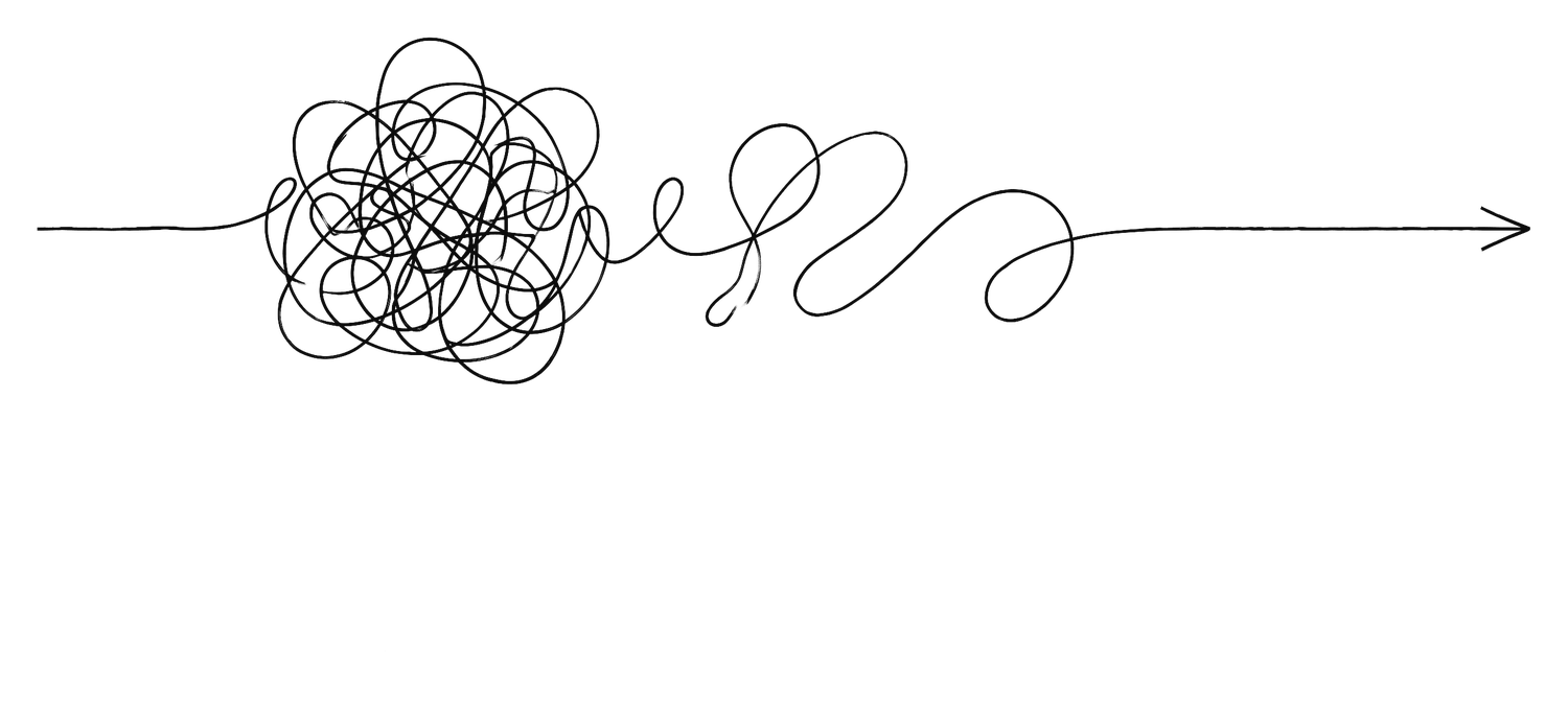A tangled scribble that resolves into one clear, straight arrow