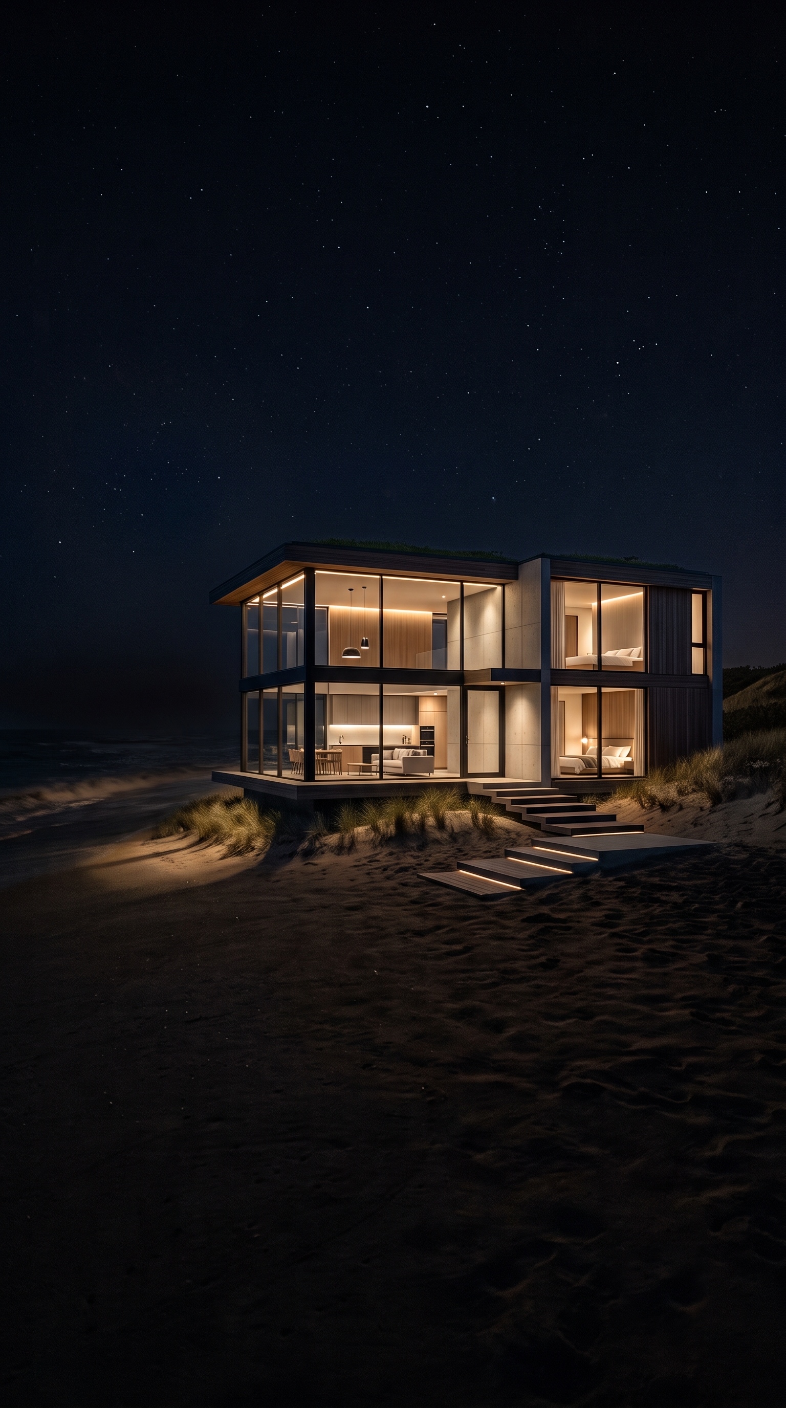 A lit modern home on the dunes at night